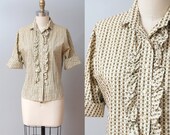 1950s Blouse - Olive Folk Print Ruffle 50s Blouse