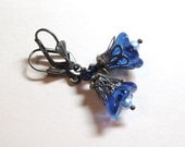 Jewelry, Earrings Blue Cobalt, Czech Bell Flowers, Swarovski Dark Indigo Austrian Crystal, Brass