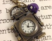 Vintage Style Bronze Robot Clock Pocket Watch Pendant Necklace with Purple Howlite Skull Bead and Swarovski Crystal