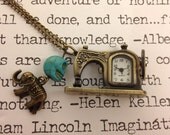 Vintage Style Bronze Sewing Machine Clock Pocket Watch Pendant Necklace with Howlite Turquoise Bead and Elephant