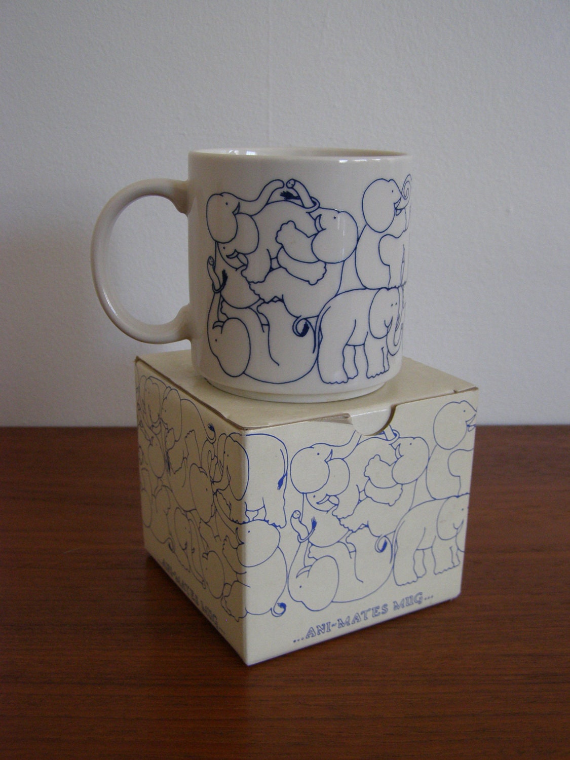Vintage Taylor & Ng ANI-MATES Mug - ELEPHANTS - San Francisco - 1979 / 1984 - Navy Blue on Off White - Original Box - Made in Japan