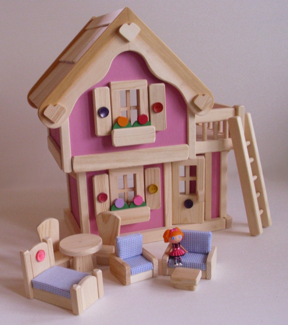 SALE Pink Lemonade Wooden Mini Lalaloopsy-scale Doll House, Dollhouse with Natural Wood Furniture, Bonus Ladder, Limited time offer