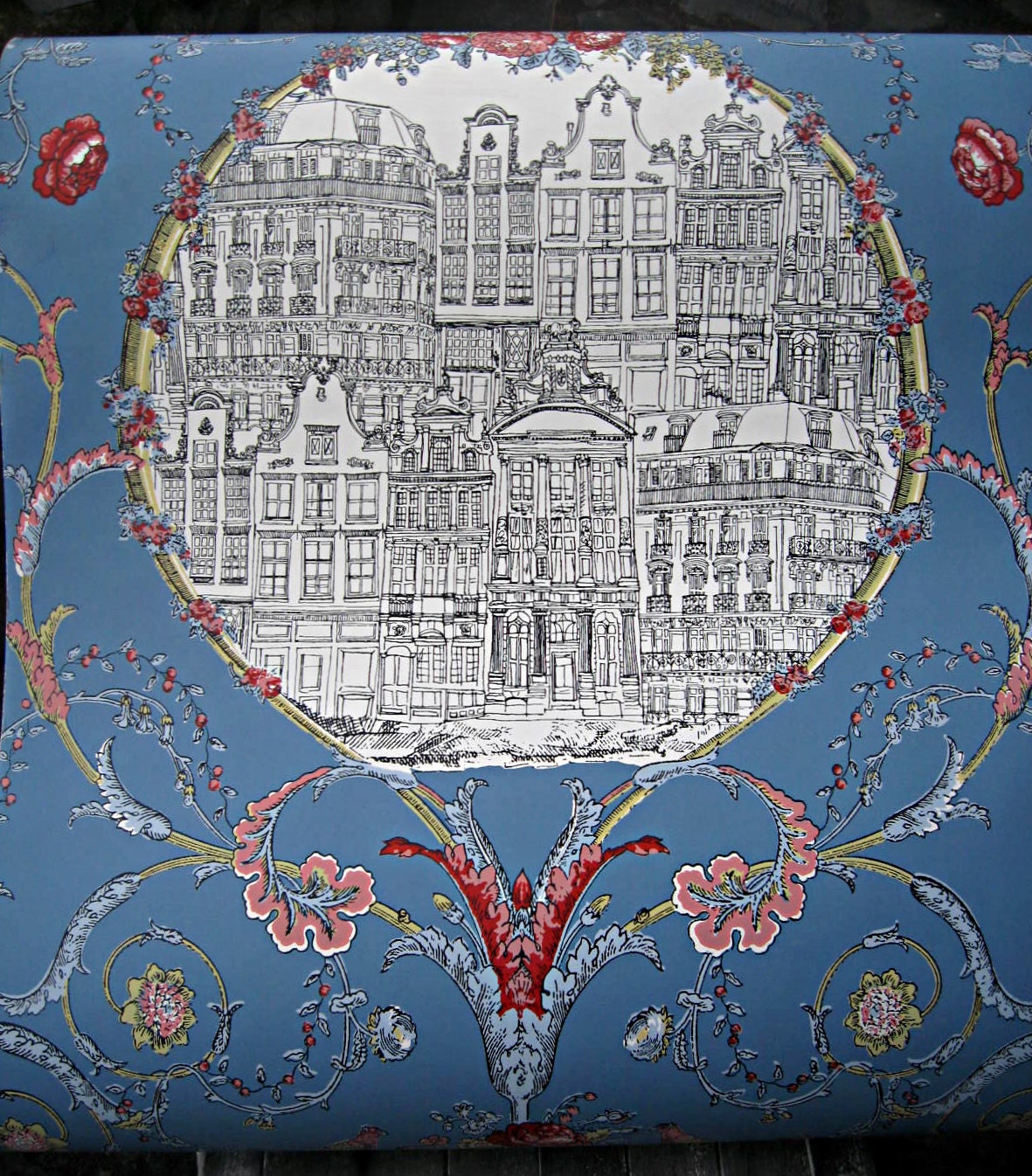 Floral wallpaper with birds, "Mansfield Court", Anthropologie, black and white cityscape, gorgeous double rolls