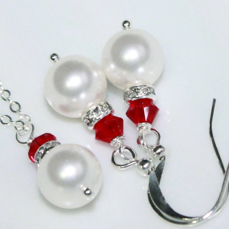 Swarovski White Pearl and Swarovski Light Siam or Red Crystal Bridesmaid Jewelry Set