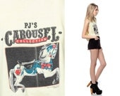 Cut Off Tank Top 80s PJs CAROUSEL Collection Shirt Merry Go Round Horse Cropped Vintage 1980s Low Armhole Crop Extra Small Medium xs