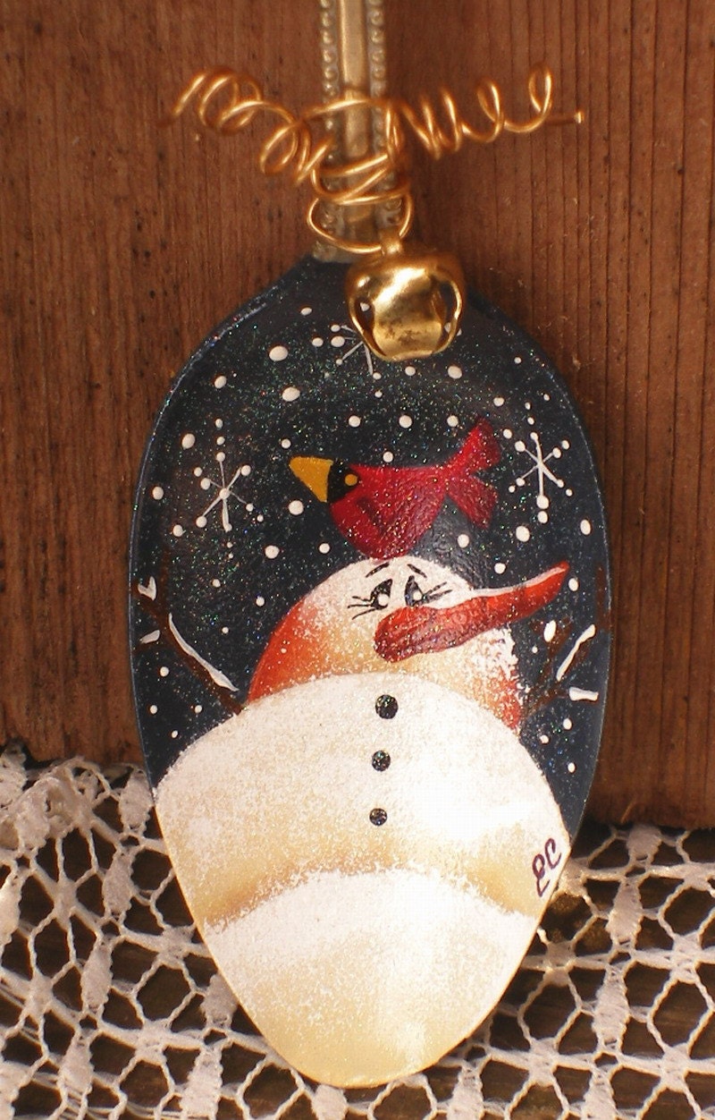 Hand Painted Snowman and Cardinal Spoon Ornie