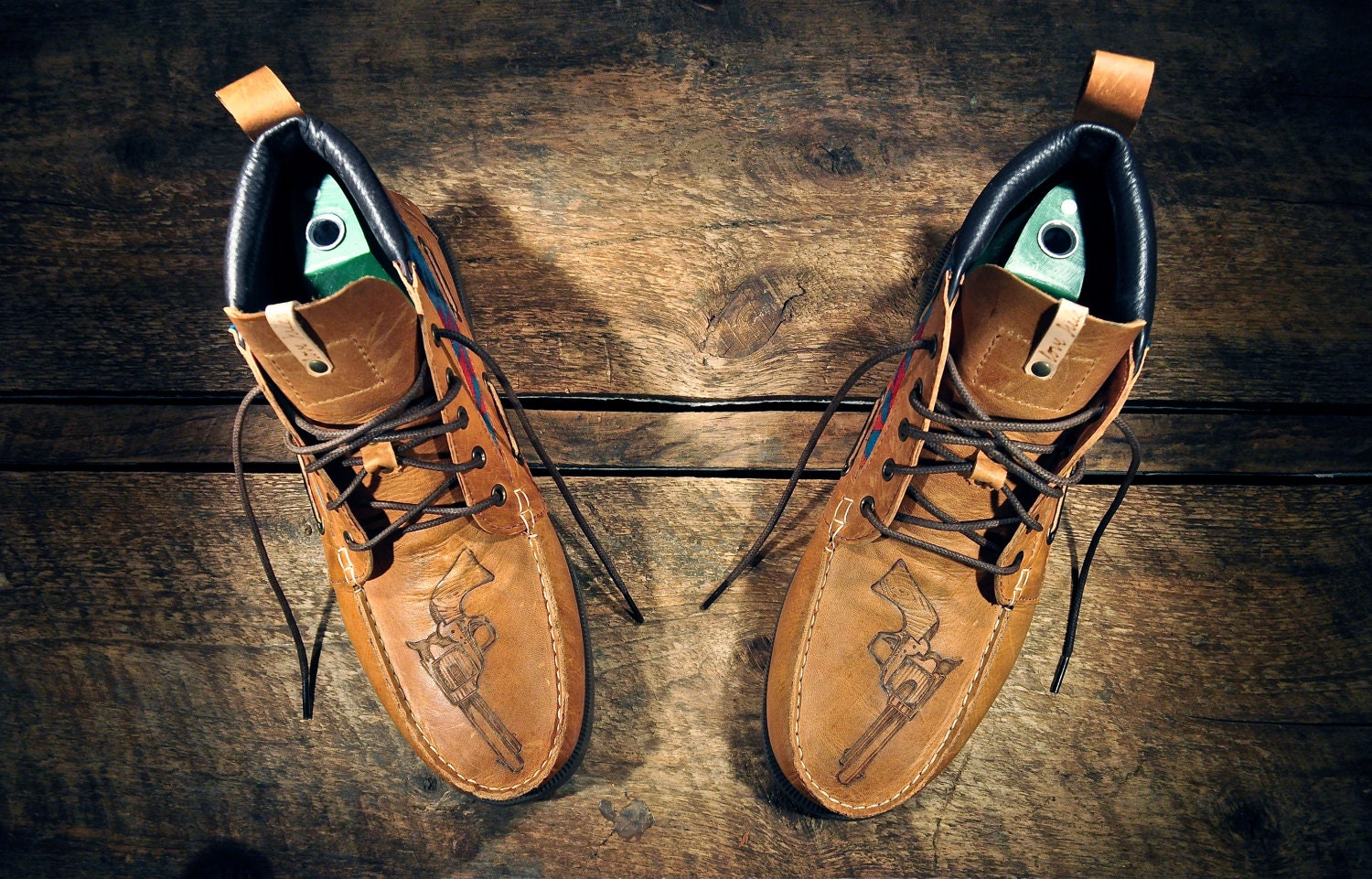 Handcrafted HIGHTOP Leather Boat Shoes - Waxed Tan w/ Teal Southwest Inspired Patterned Wool detail & etched pistols - MADE to ORDER