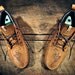 Handcrafted HIGHTOP Leather Boat Shoes - Waxed Tan w/ Teal Southwest Inspired Patterned Wool detail & etched pistols - MADE to ORDER