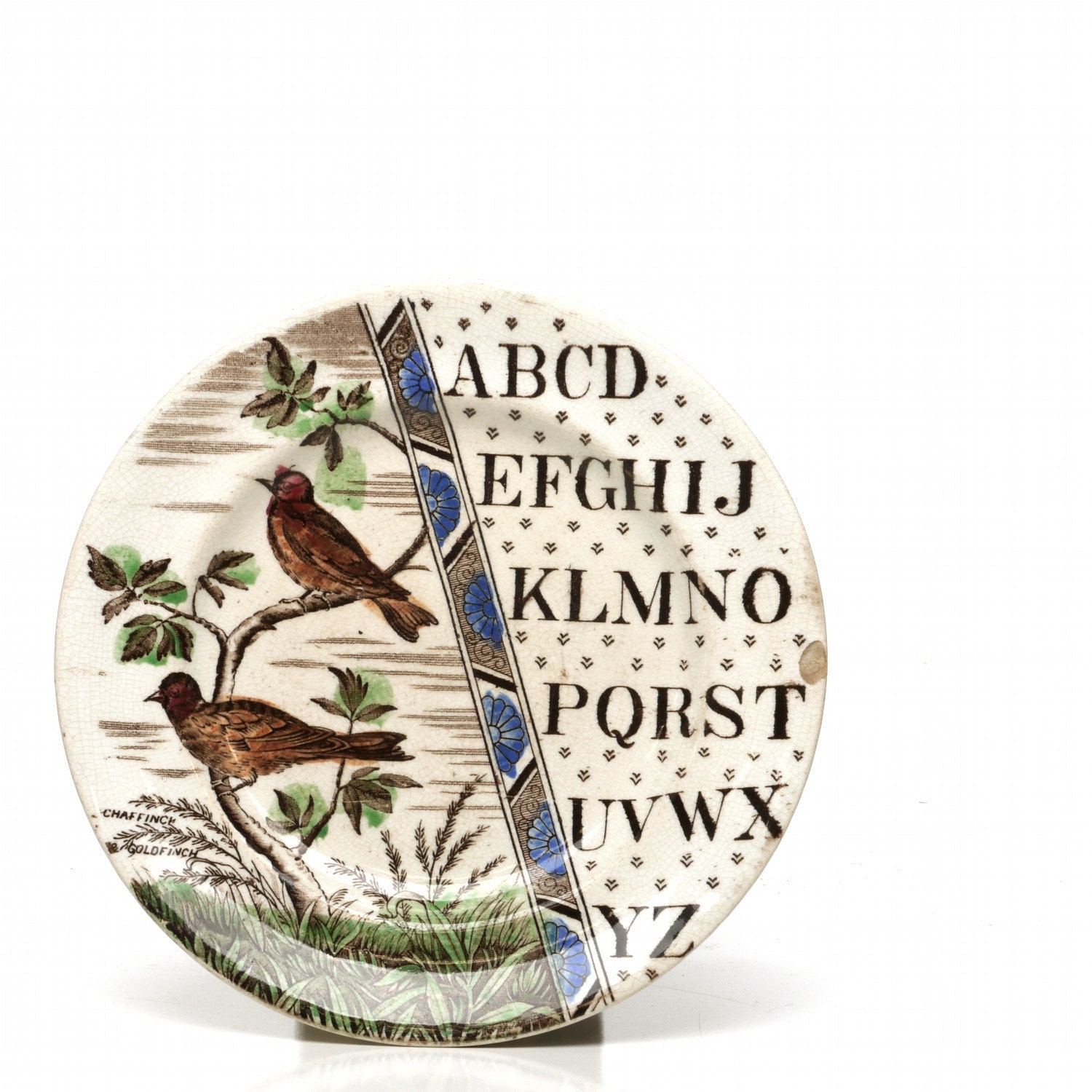 Antique Staffordshire Goldfinch Bird Alphabet Plate