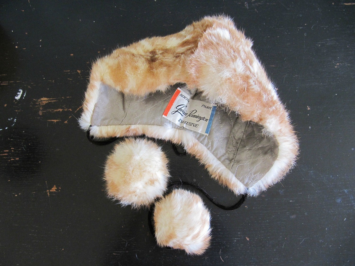 vintage fur bonnet / rabbit fur hood / 1960s pom pom fur hat