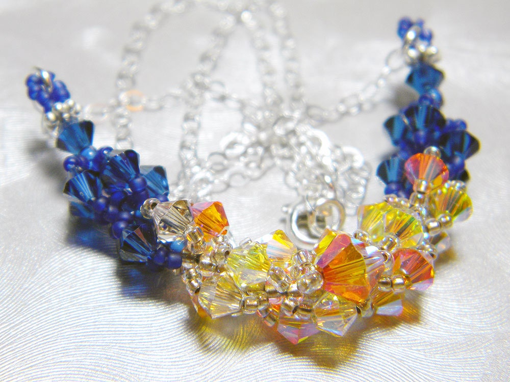 Doctor Who Inspired Swarovski Crystal Necklace Astral Pink Gold Dark Sapphire Beadweaving Sterling Silver - "The Heart of the TARDIS"