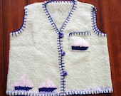 SETTING SAIL Vest/ Light Green And Blue/ Size 2T Boys Hand Knitted Sailboat Button Up