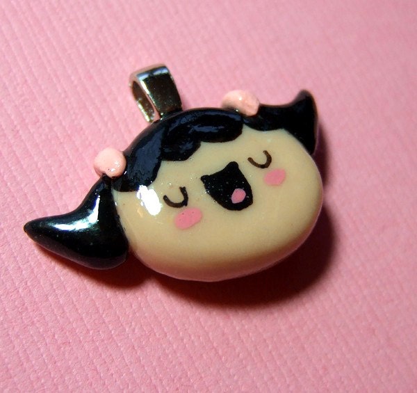 Kawaii Happy Girl Necklace - Polymer Clay Jewelry Retro Style - READY TO SHIP