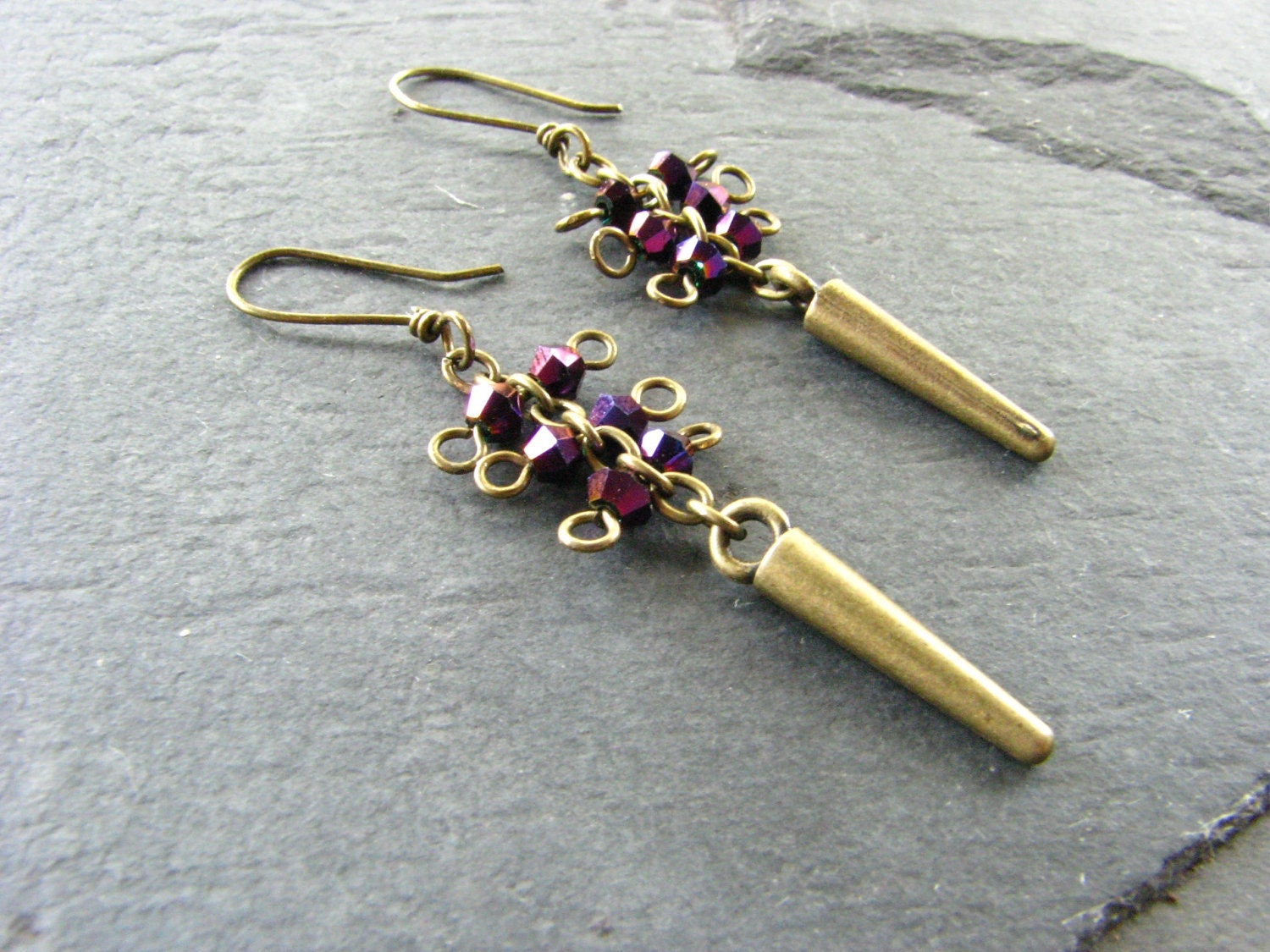 Brass Spikes and Plum Crystal Earrings