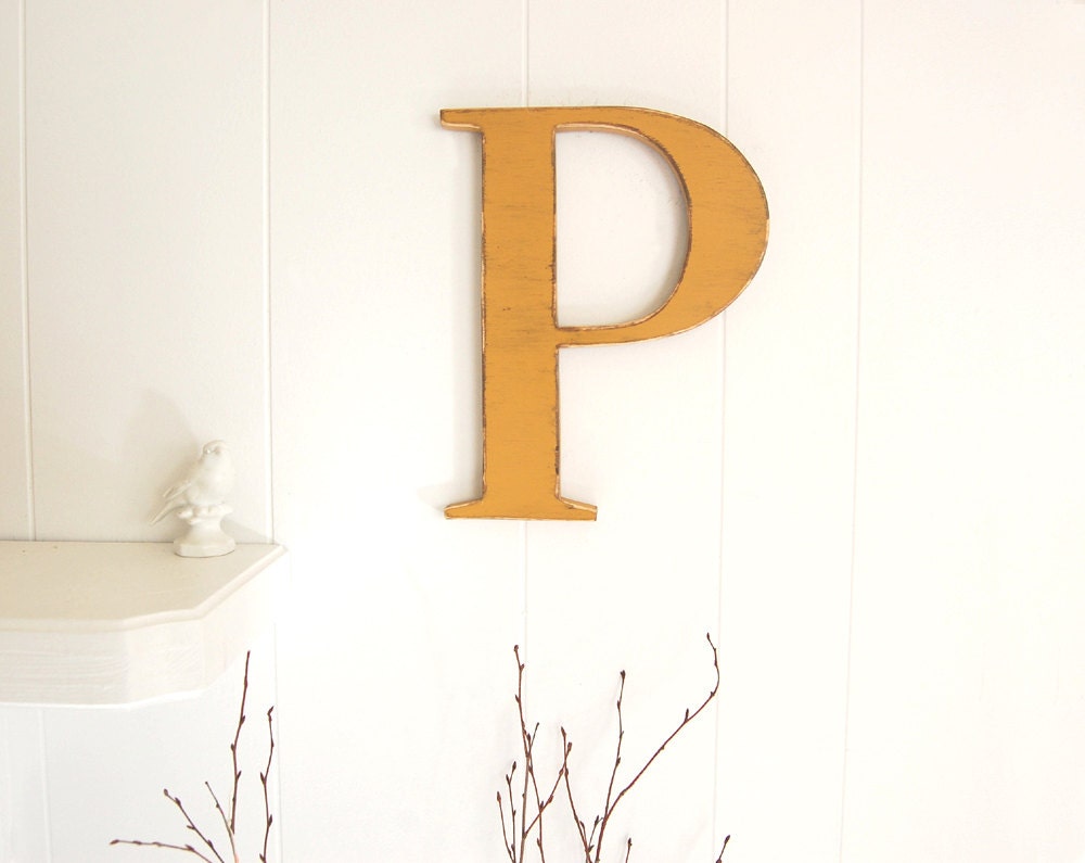 custom wood letter P - painted wall letters Mustard ochre cottage chic