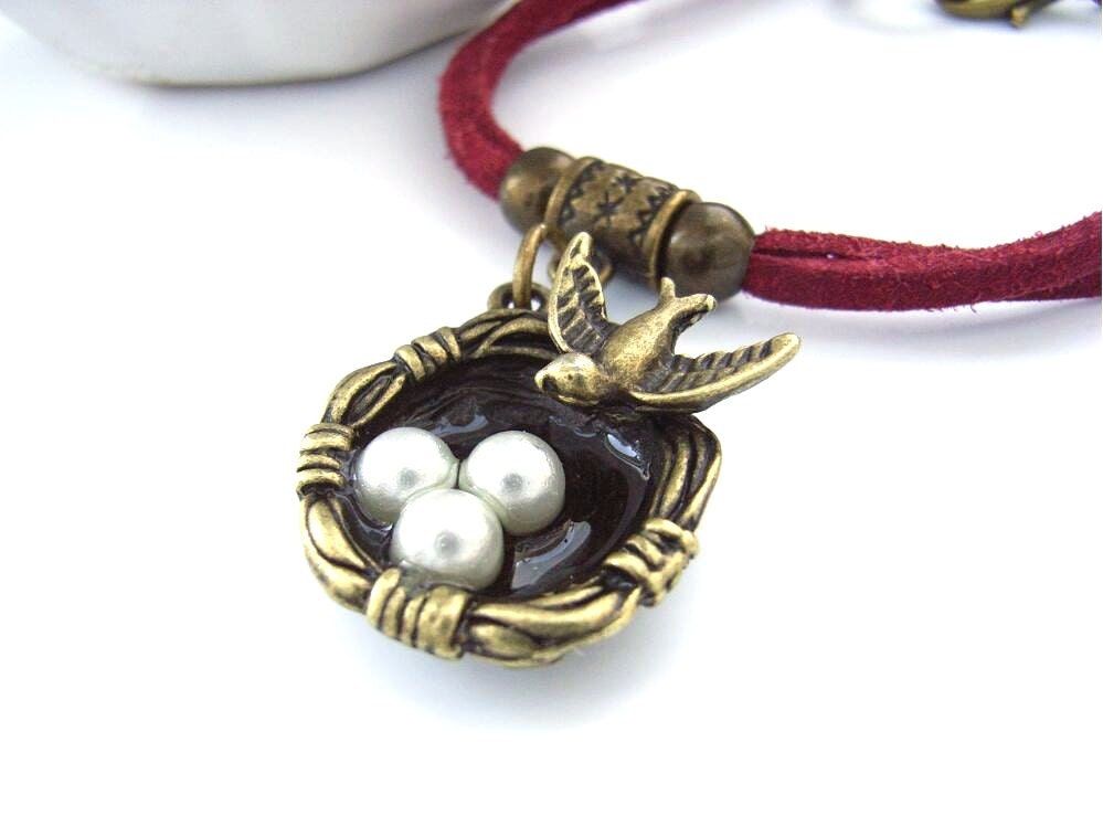 Birds nest charm bracelet choice of faux suede cord