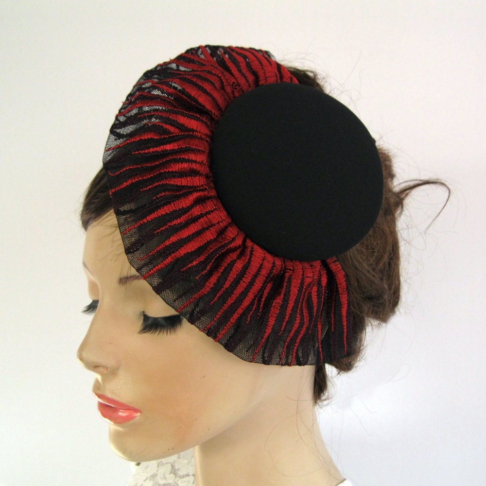 Mini Cocktail Hat in Pill Box Shape. Black, Burgundy Flame Patterned, Unique Design. Handmade