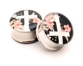 Vintage Floral Cross Picture Plugs gauges - 2g, 0g, 00g, 7/16, 1/2, 9/16, 5/8, 3/4, 7/8, 1 inch