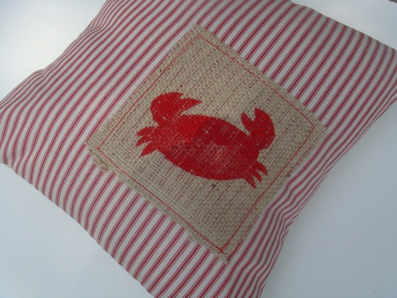 Crab Beach Coastal Nautical  Decorative Pillow  COVER- Red Ticking and Burlap with Red Hand Painted Crab