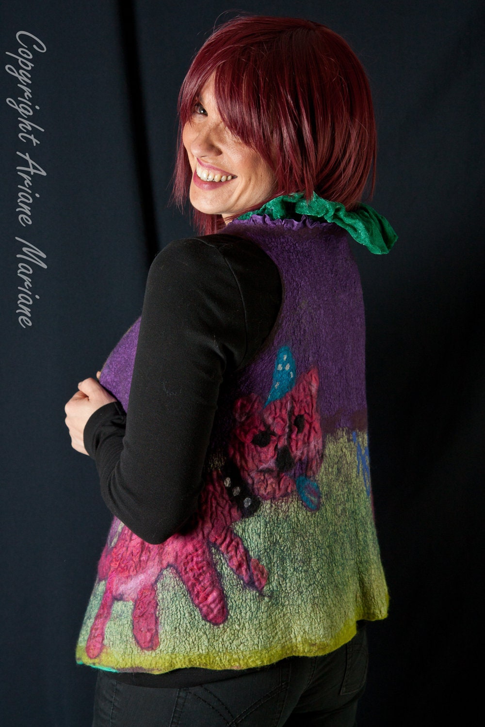 Fairy masterpiece nuno felt vest,  high fashion bolero, convertible shrug veste bolero,  pink cat , green,  purple,  stripes , ooak S to M