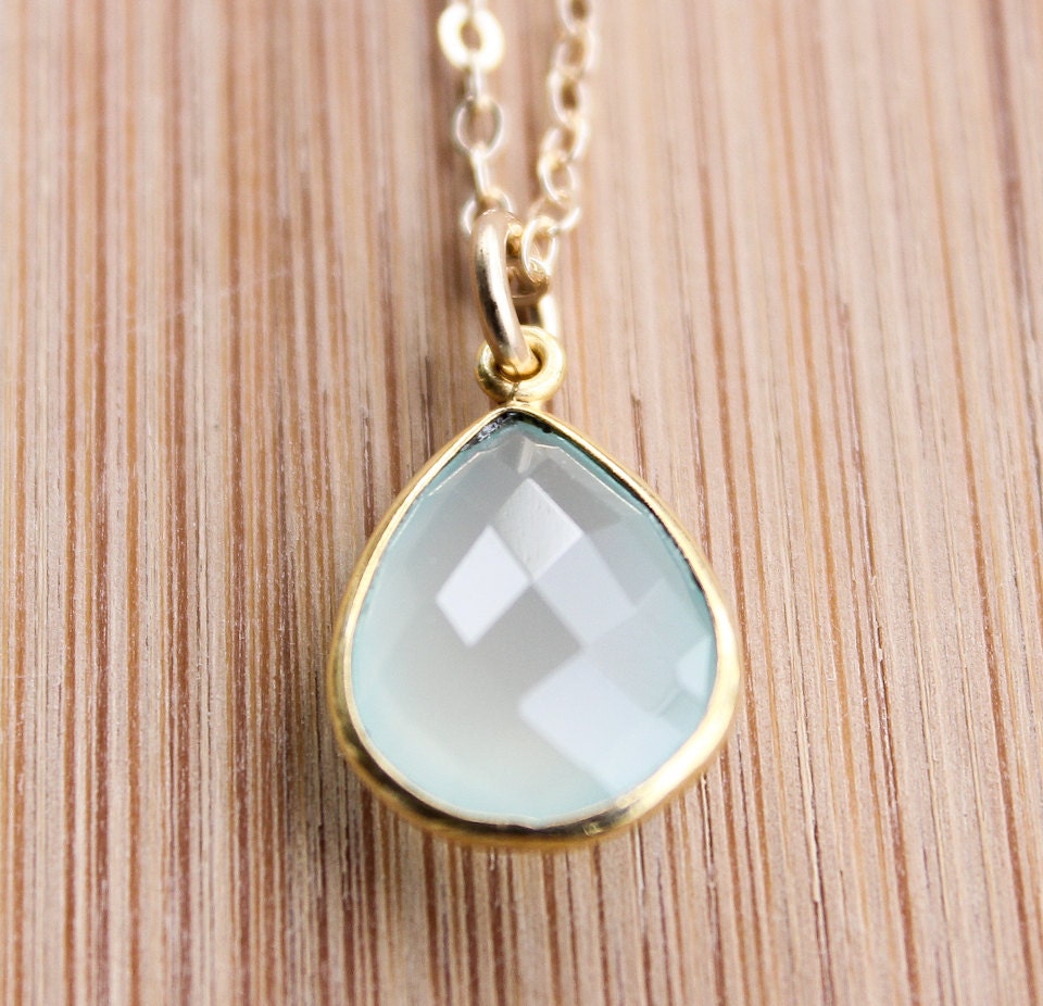 Gold Aqua Chalcedony Necklace - Teardrop Necklace - 14KT Gold Fill