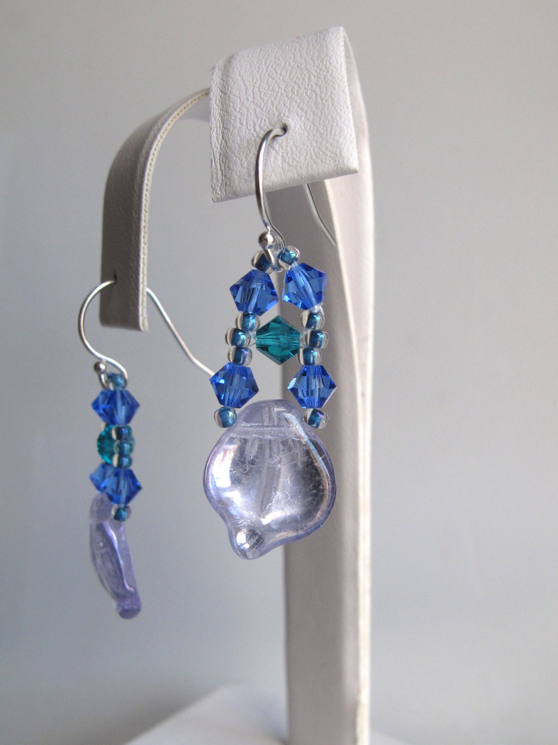 Earrings Bead Woven Swarovski Crystal Sterling Silver Czech Glass Bead Weaving Sapphire Blue Teal Blue Zircon