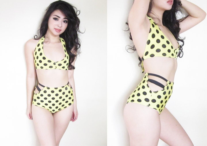 Itsy Bitsy Teeny Weenie Yellow Polka Dot Bikini High Waist Bandage Pin Up Black Dot Swim Suit
