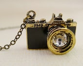 Black and Gold Vintage Crystal Camera Necklace