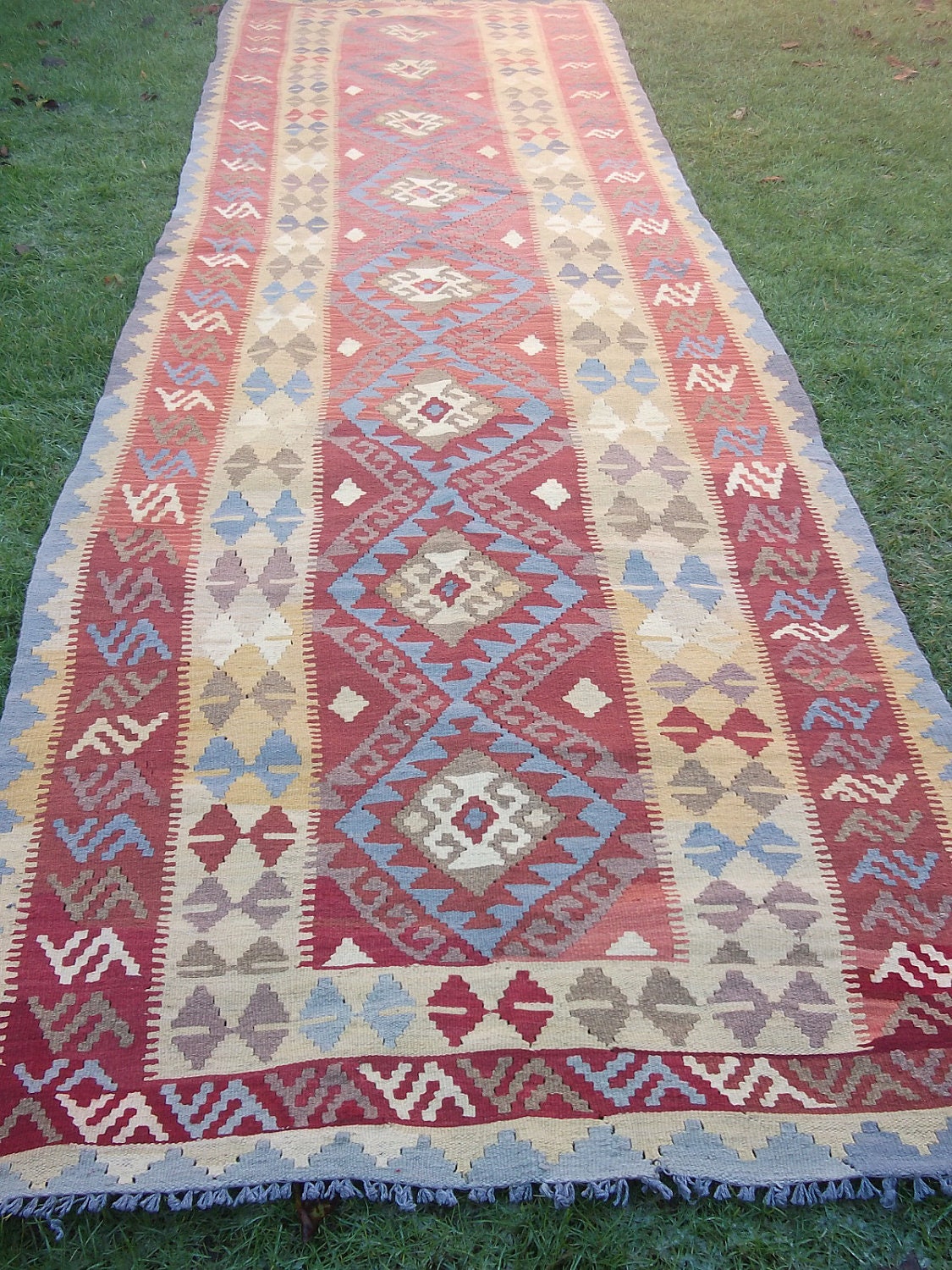 Long and Lovely Red/Blue/Yellow Chobi Kilim  Runner 13  x 4  ft.  Hand woven.