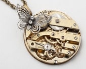 Steampunk Necklace Victorian vintage gold pocket watch movement gears silver butterfly crystal Steampunk jewelry Steampunk Nation 1894