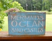 BEACH SUBWAY SIGN ocean mermaids sandcastles Baby Blue Shabby