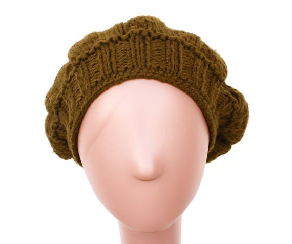 Olive Green French Beret with Red Felt Ribbon Pin