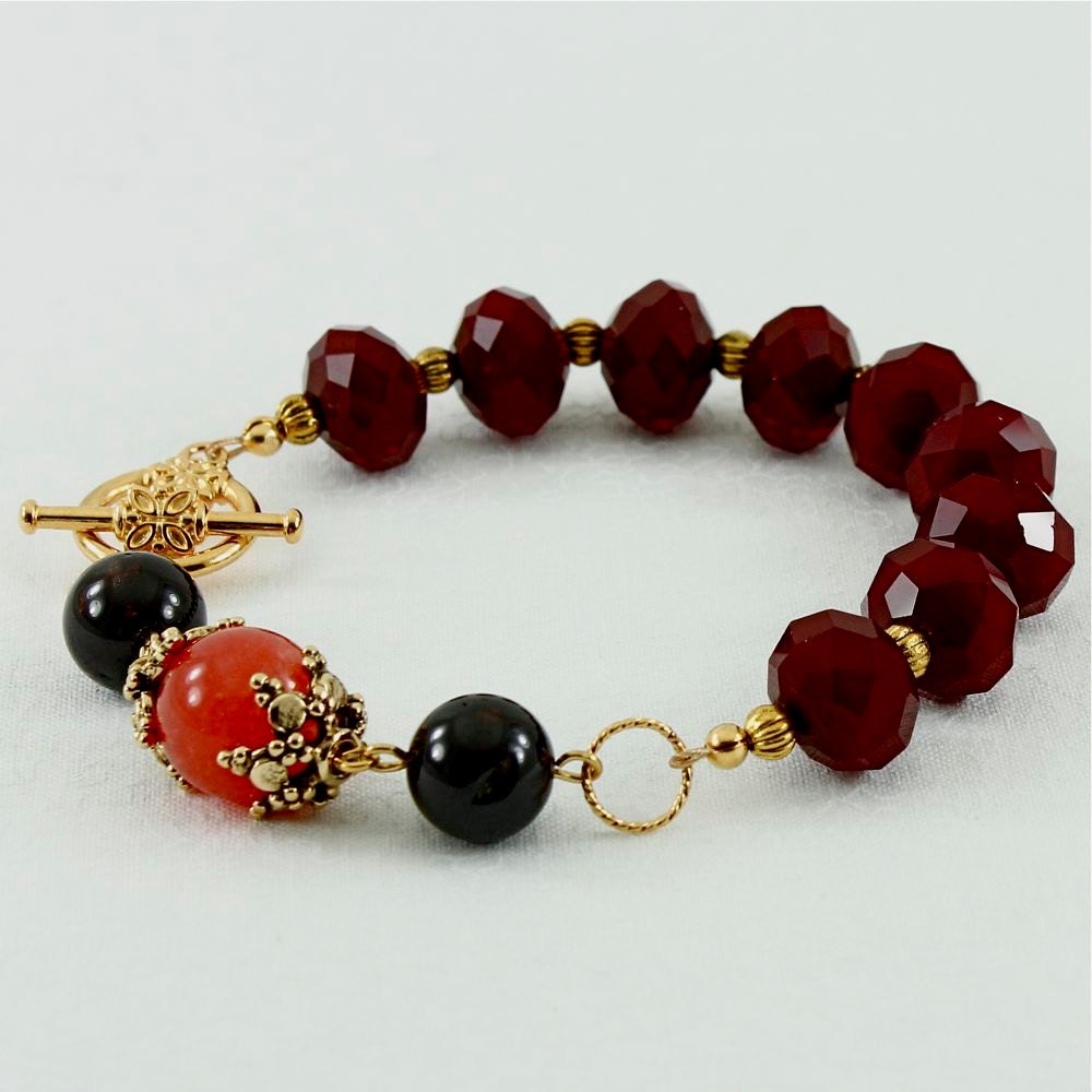 Beaded Bracelet with Ruby Red Rondelle Crystals, Garnet and Red Quartz, Rhea Collection