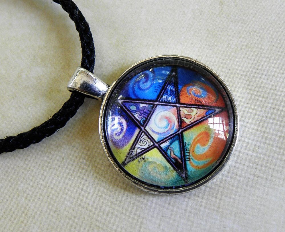 Wiccan Multi Colored Pentacle with Elements Pentagram Glass Necklace