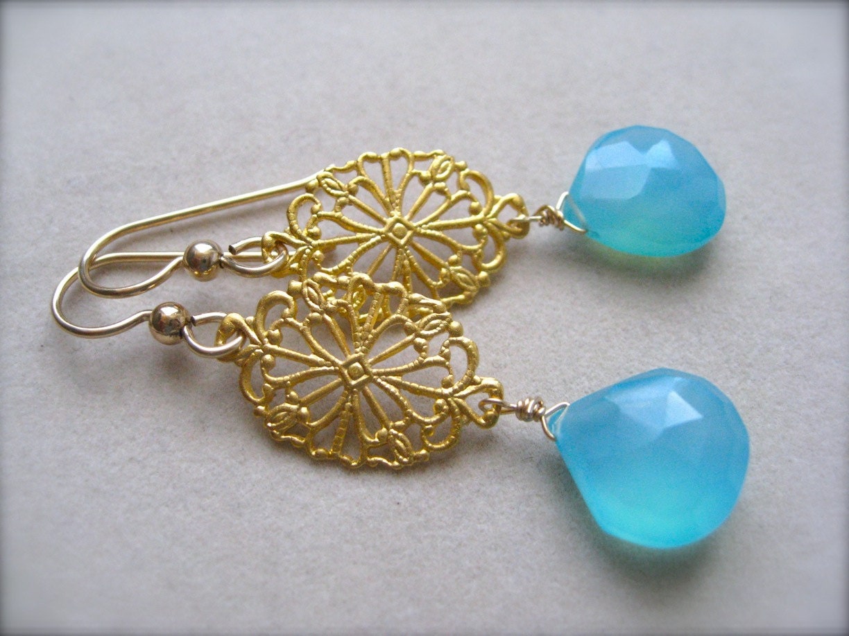 Neon Blue chalcedony Filigree Earrings