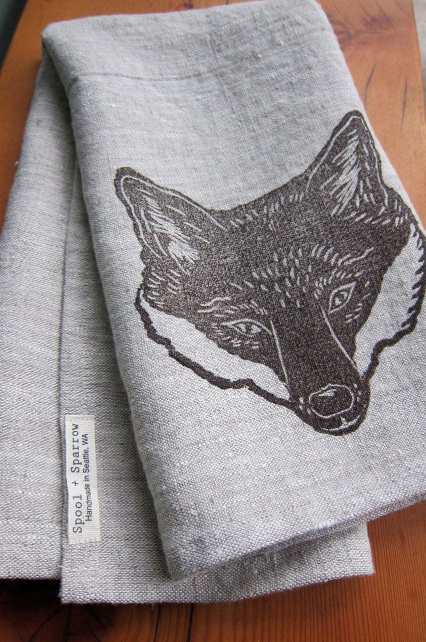 linen tea towel with block printed woodland fox dish cloth (dark brown on oatmeal linen)