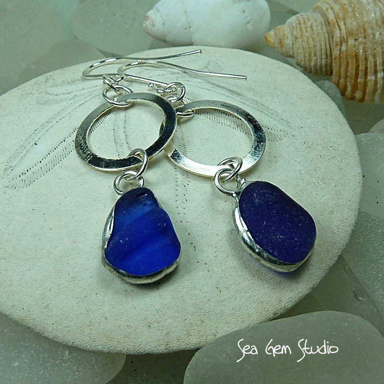 Circle Love, cobalt, sea glass earrings, beach glass, seaglass