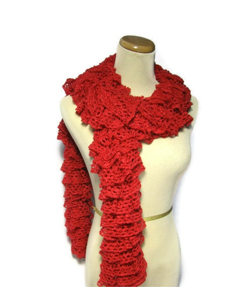 Hand Knit Ruffled Scarf - Red