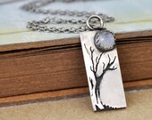 sterling silver tree and moon necklace SLEEPY HOLLOW  bar necklace natural moonstone cab