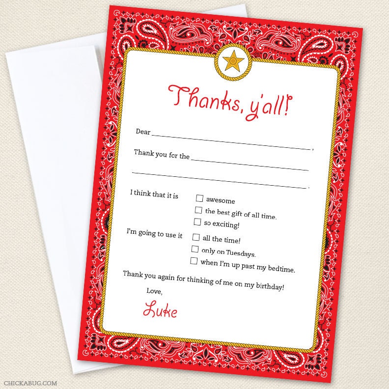 Country Western party - Set of 15 custom thank you cards - Printable file also available