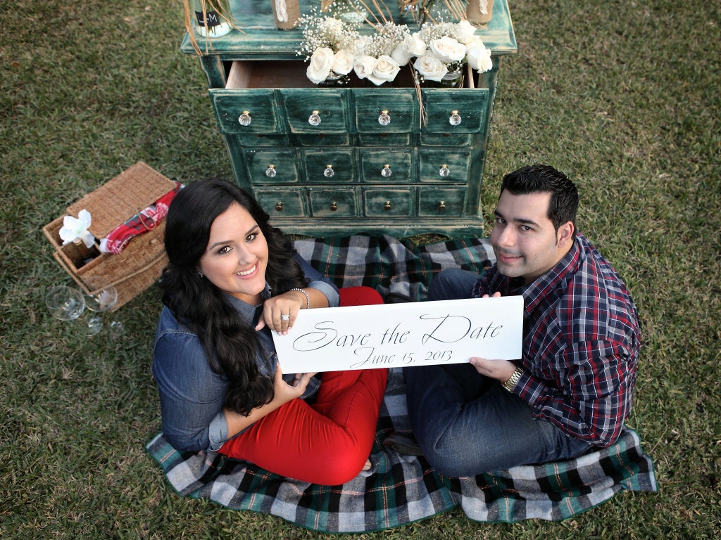 Save the Date. Engagement Photo, Engagement Sign,  Announce the Engagement of the Couple with their upcoming Wedding Date. 8 X 24 inches.