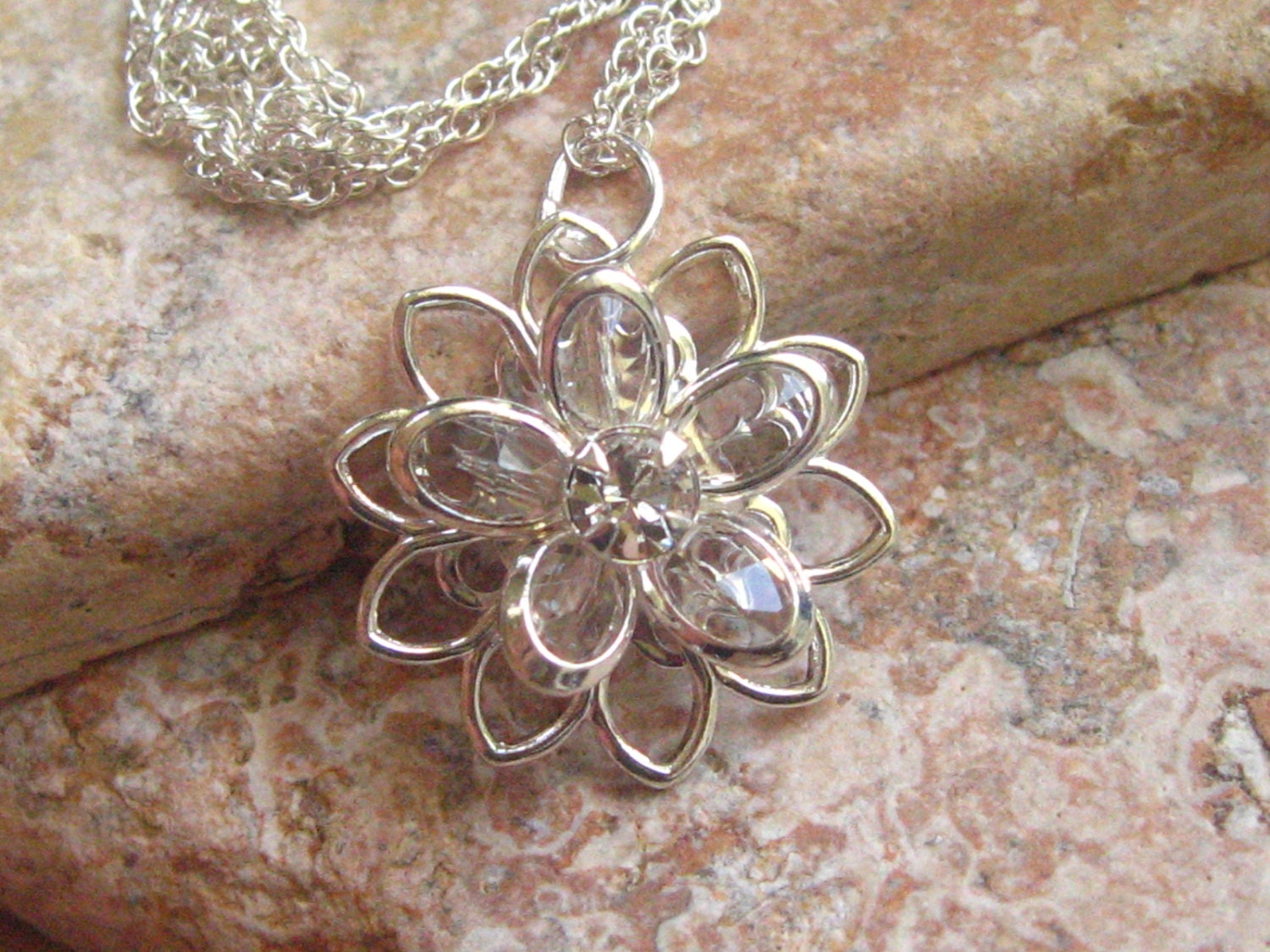 Swarovski Clear Crystal Flower Necklace on a 16" Sterling Silver Rope chain - Gift card - Minimalist Jewelry