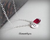 Birthstone necklace, Hand stamped initial tag, Swarovski crystal teardrop, Sterling silver jewelry, Customize personalized gift.