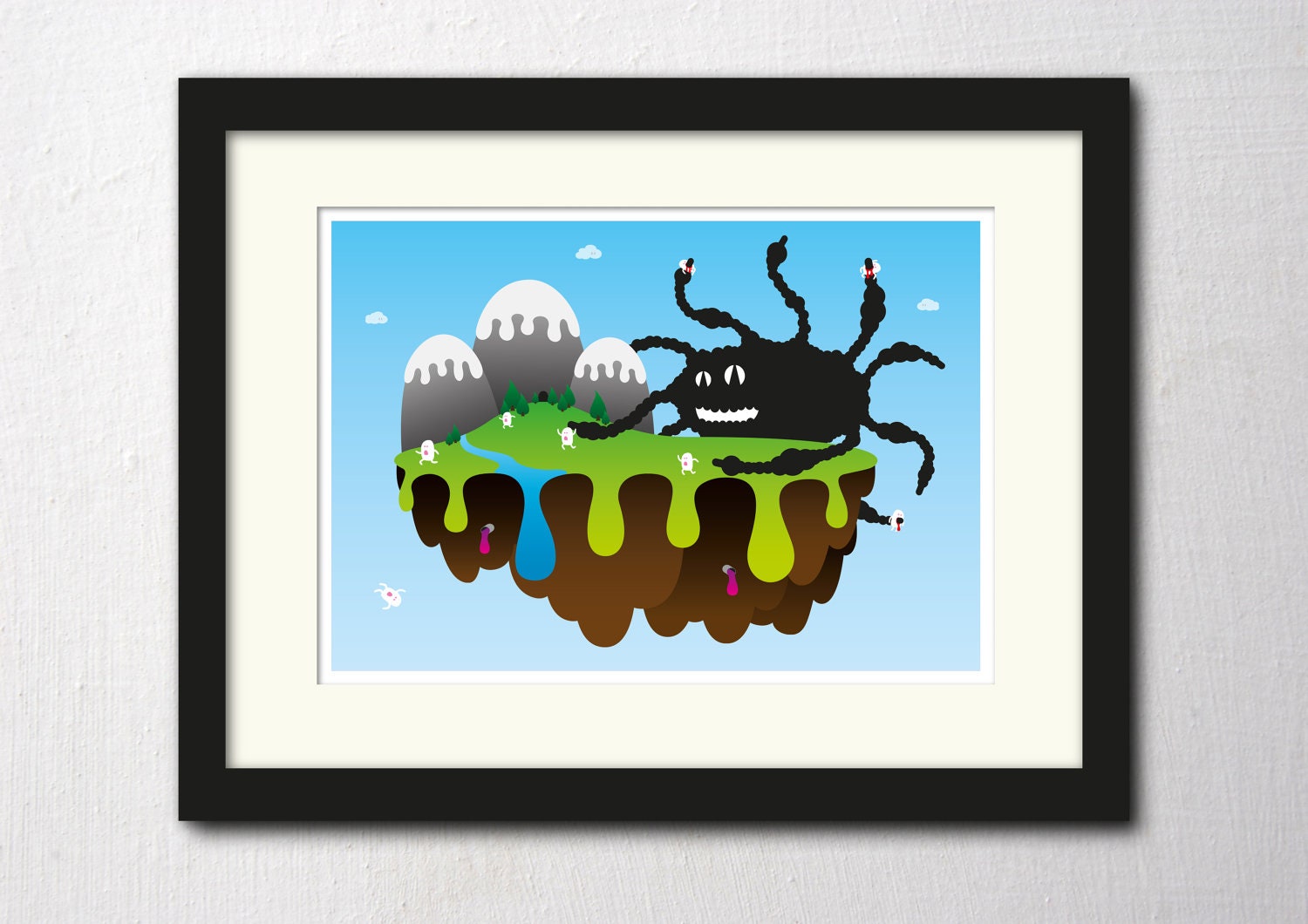 wall art children's art print of a big spider monster attacking an island
