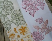 Sale Hand block printed tea towels- Set of  Pink Peony and Lotus Blossom