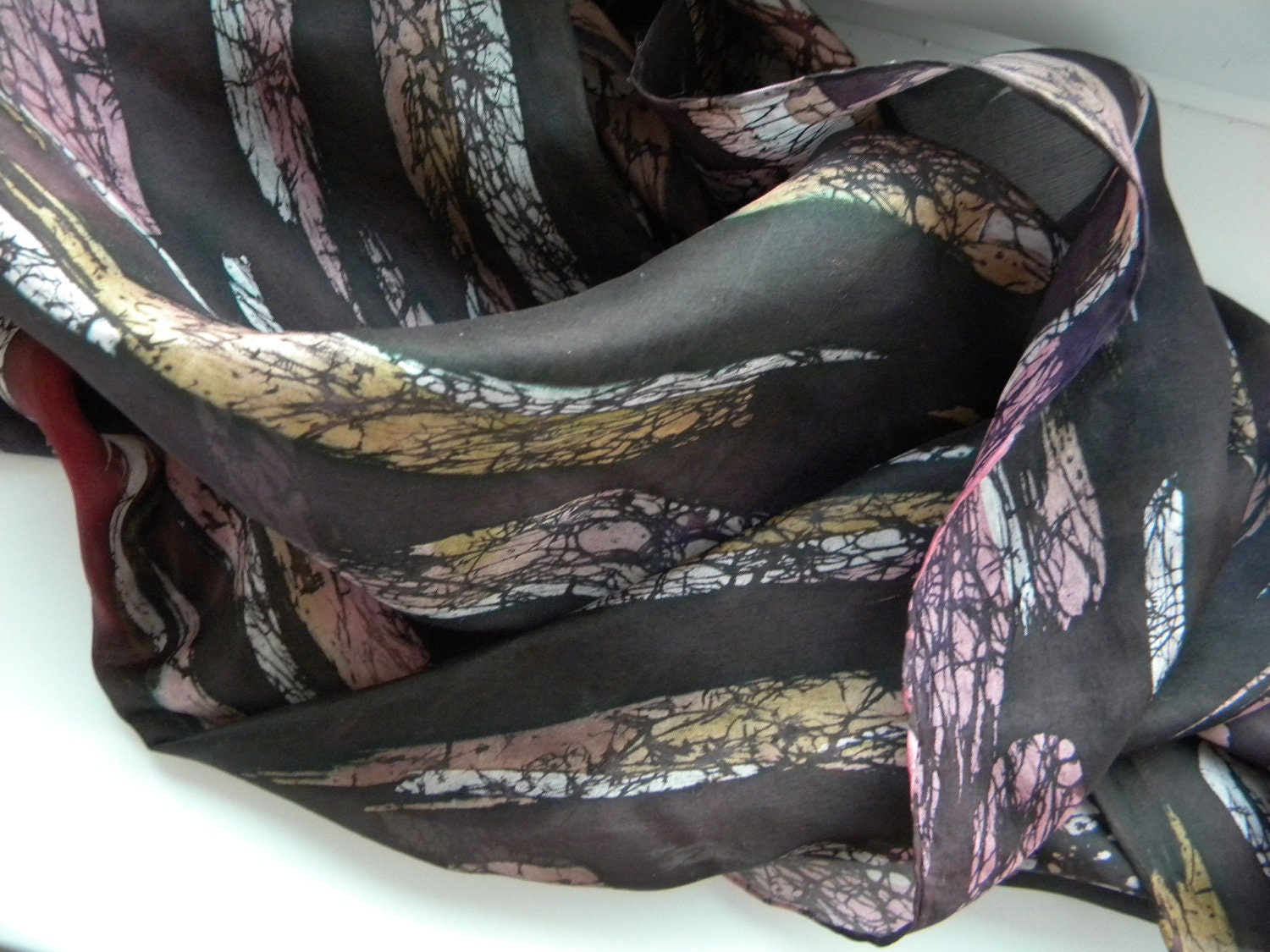 Wax cracle batic scarf. Dark brown, beige, white and pink hand painted original silk scarf FREE SHIPPING