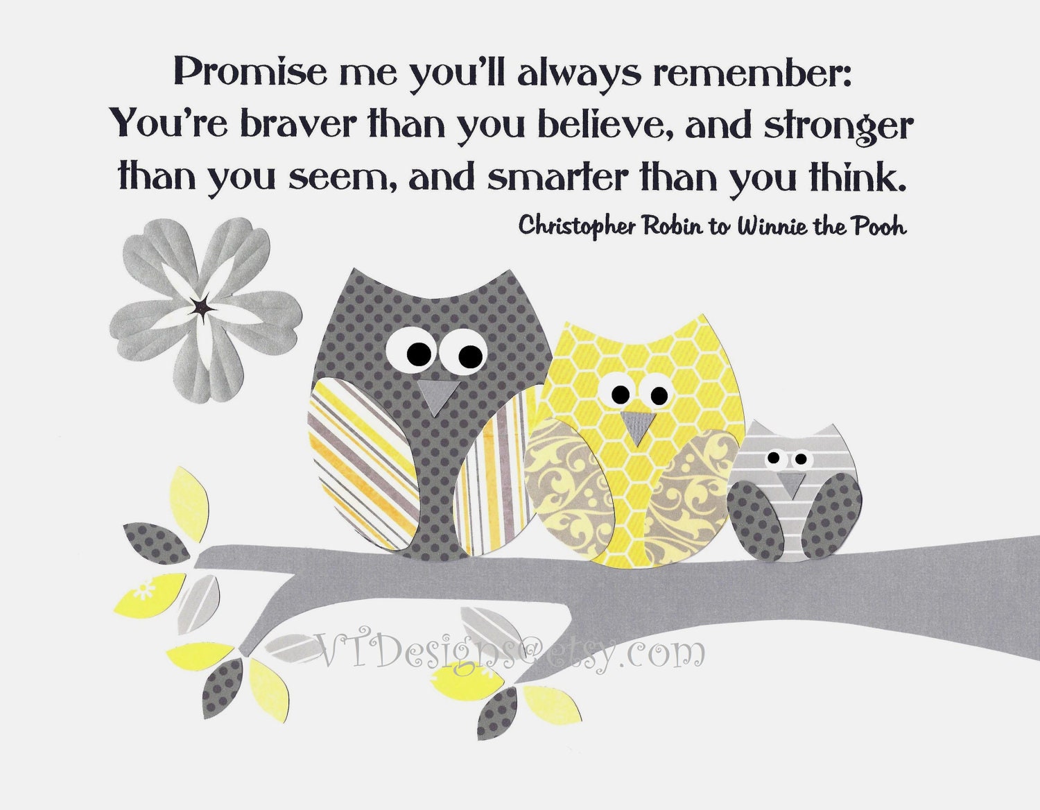 Nursery Art Decor, Kids Wall Art, Neutral Colors, Owls, Grey and Yellow Nursery, Verse, Promise Me You'll Always Remember, 8x10 Print