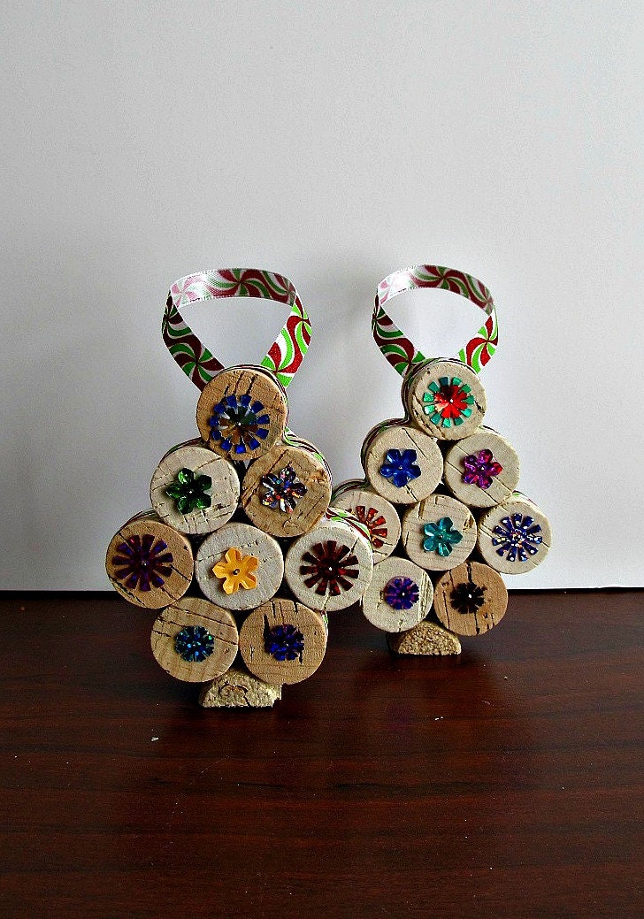 Wine Cork Christmas Tree Ornaments - Set of 2