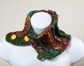 Dark Thyme Green Pink Yellow Multi Chunky Acrylic Wool NeckWarmer Scarflette Cowl with Button