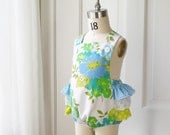 Ruffle Butt Sunsuit- Vintage Blue & Apple Green Floral- 6m 12m 18m 24m 2T - Baby Shower Gift- Baby Summer Fashion- Recycled